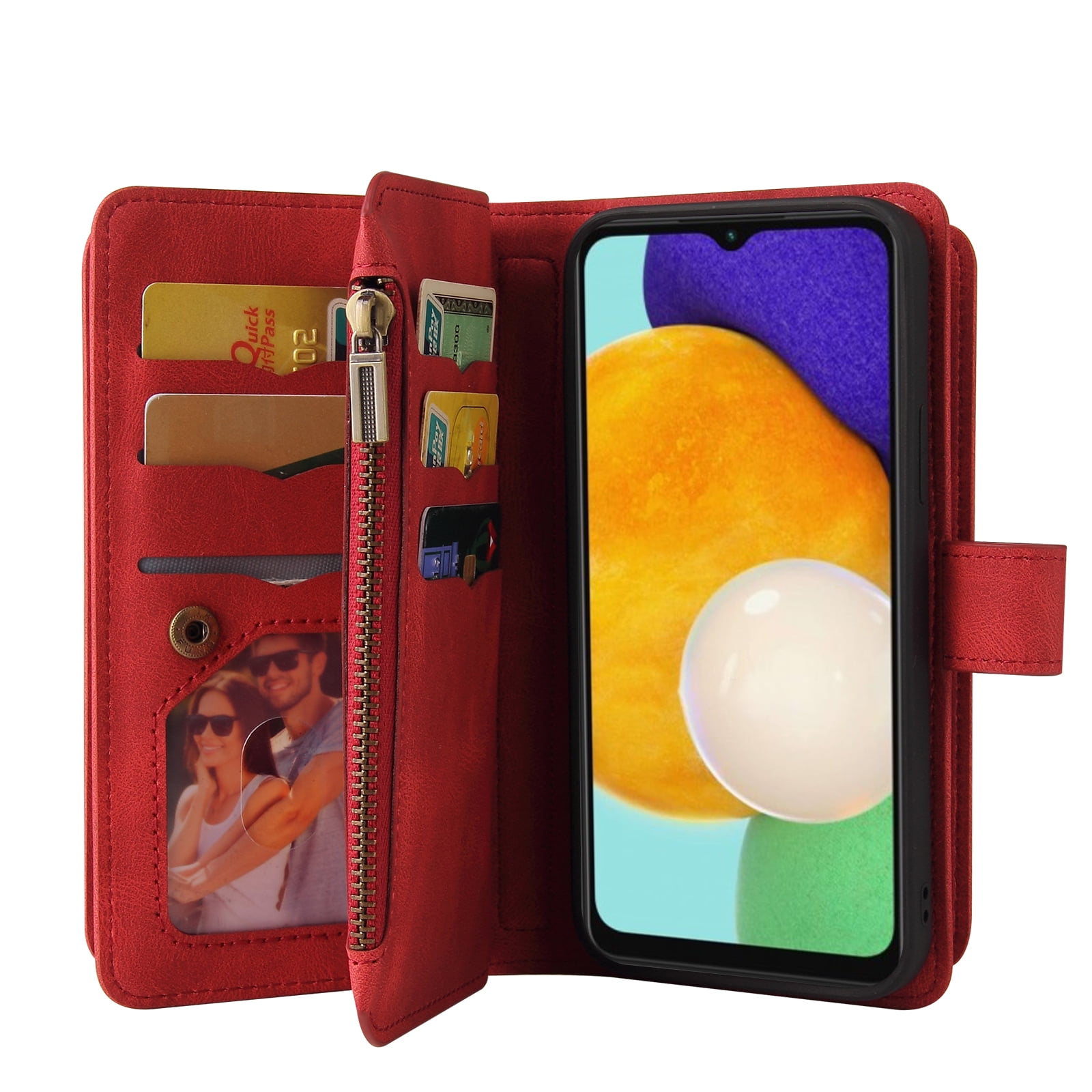 Phone Case for Samsung Galaxy S25 Plus, S25 Plus Wallet Case, Luxury Folio Flip Leather Cover [Zipper Pocket] [Wrist Strap] [Kickstand] for Samsung Galaxy S25 Plus, Red
