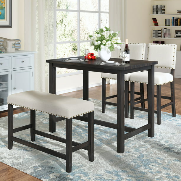 Dining Table Set With Upholstered Bench, Rustic Counter Height Kitchen Table And Chairs
