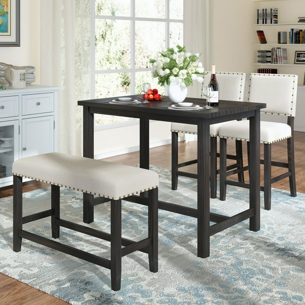 4 Piece Rustic Wooden Counter Height Dining Table Set With Upholstered Bench For Small Places Espresso Beige Com Dining Table Set With Upholstered Bench, Rustic Counter Height Kitchen Table And Chairs