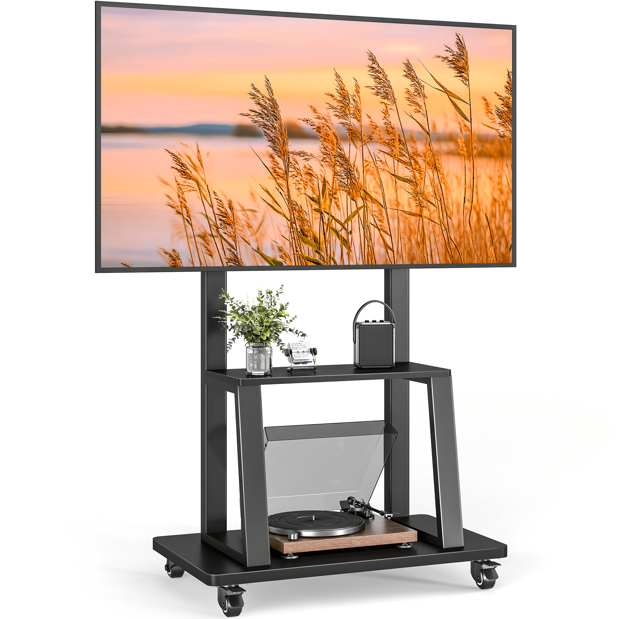 RTVR Rolling TV Stand with Wheels for 37-75 inch Screens, Portable Mobile TV Cart Height Adjustable Mount with Storage Shelves, Max 150 lbs, Black