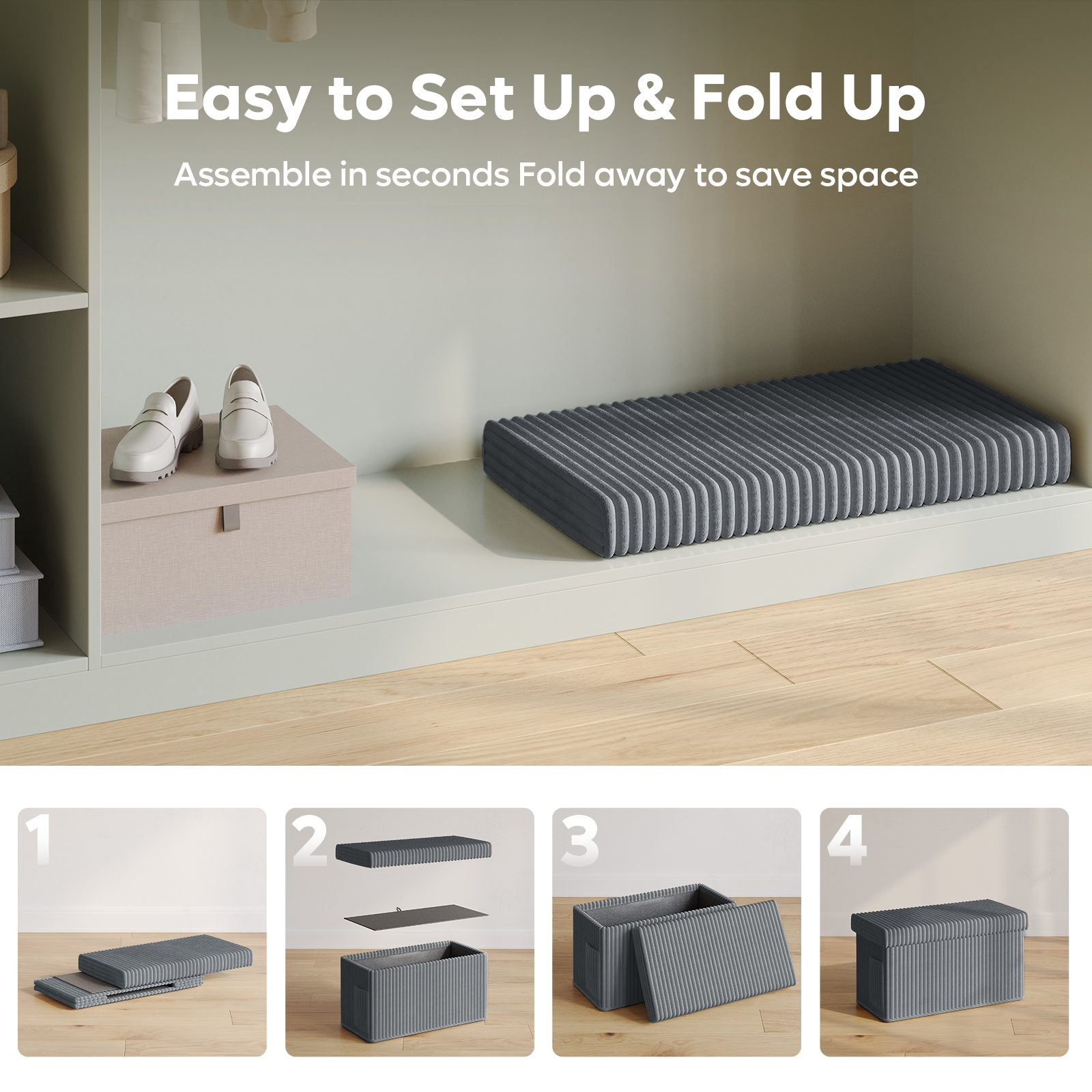 Pinmoco 30" Folding Storage Ottoman Bench, Gray photo 6