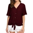 thumbnail image 3 of JWD Womens Waffle Knit Tunic Blouse Tie Knot Short Sleeve Henley Tops Loose Fitting Bat Wing Shirts Wine Red Small, 3 of 5