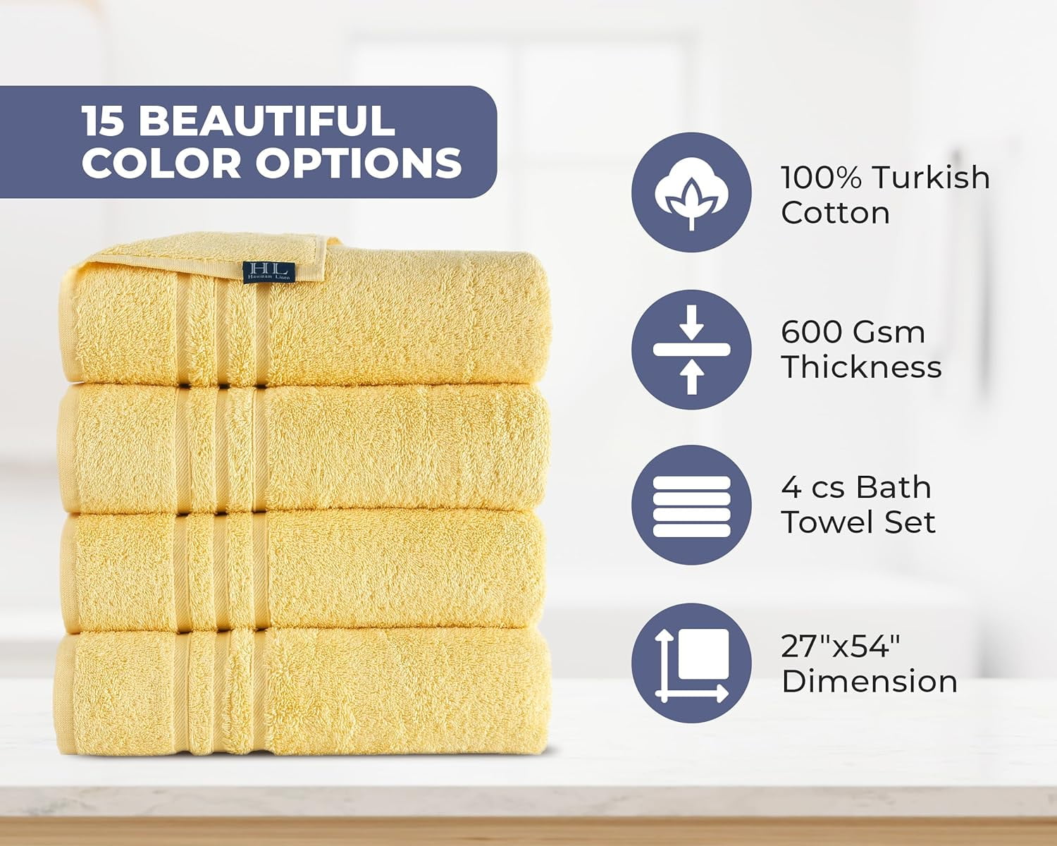 Hammam Linen Yellow Hand Towels 4-Pack - 16 x 29 Turkish Cotton