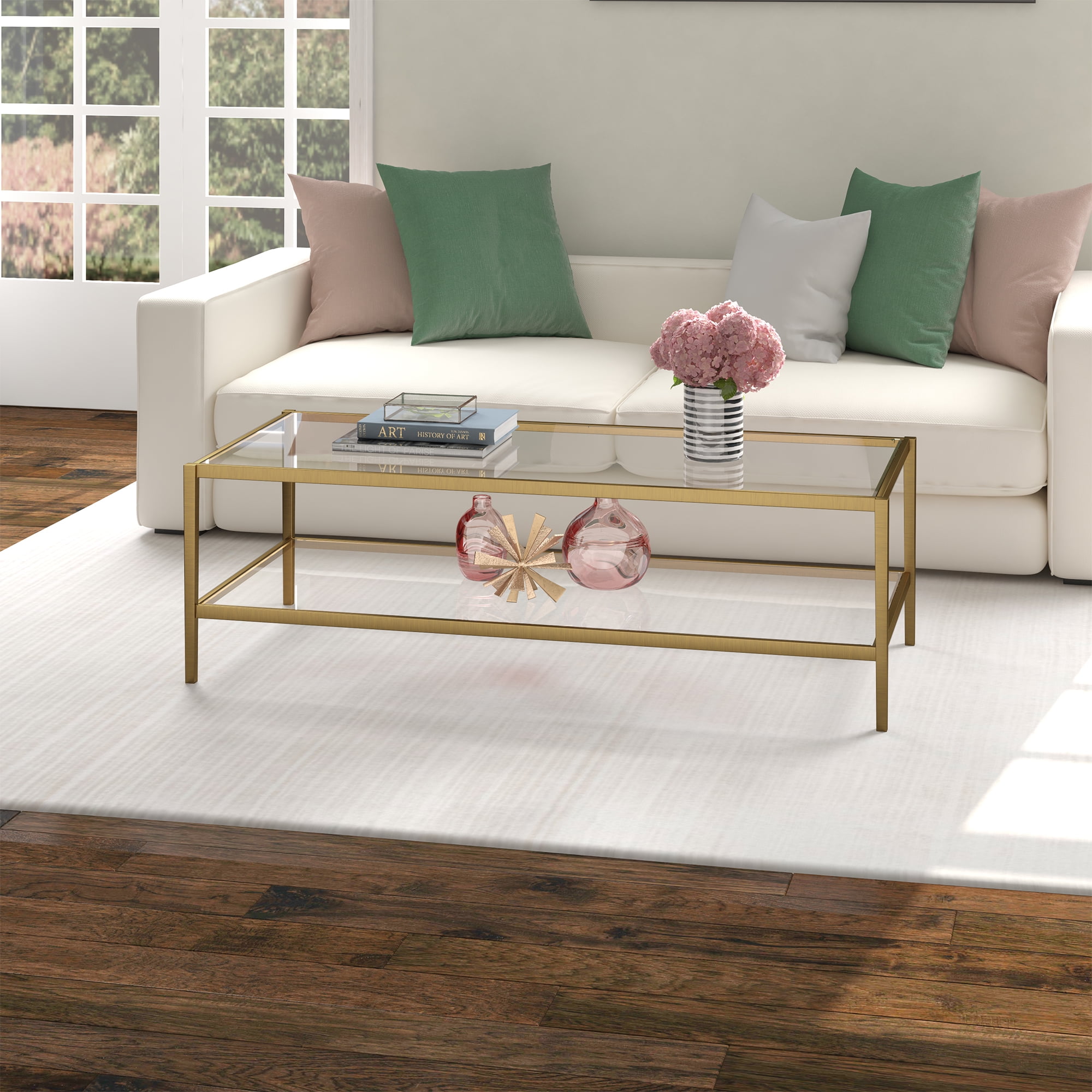 Evelyn&Zoe Hera 54" Wide Rectangular Coffee Table with Glass Shelf, Antique Brass
