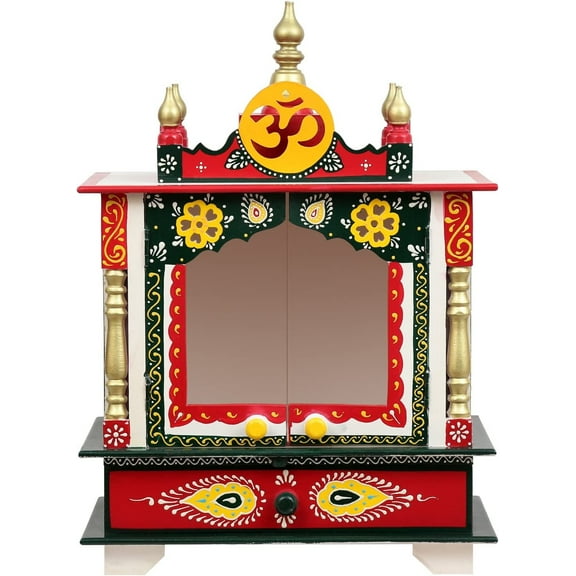 Pooja MANDIR WOODEN TEMPLE With Doors for Home Office Prayer Room Mantap Pooja Ghar Handmade wall mount / Multi Color Hindu Temple for Pooja