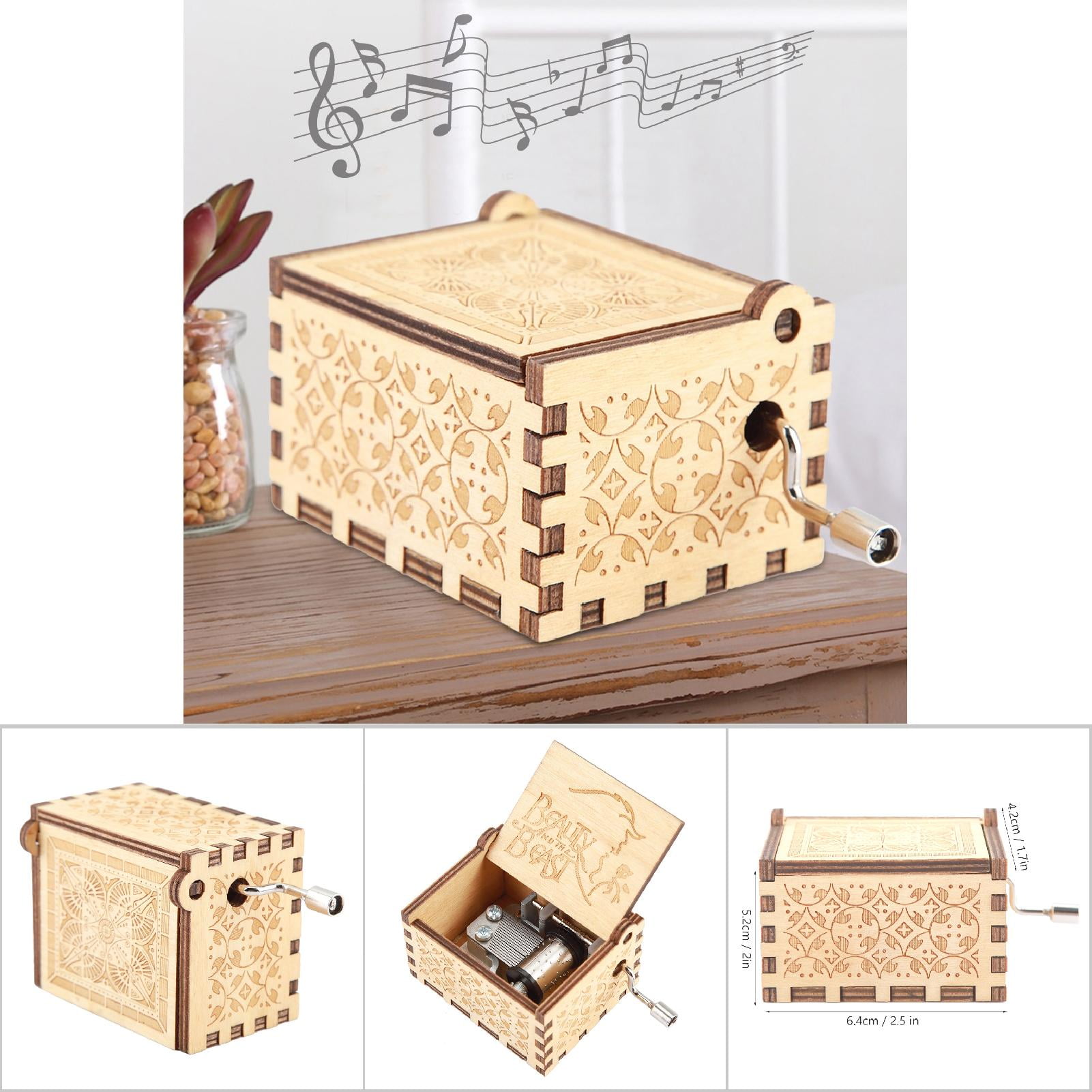 Musical Wood Crafts, Music Box, Hand Crank Carved For Living Room Kids