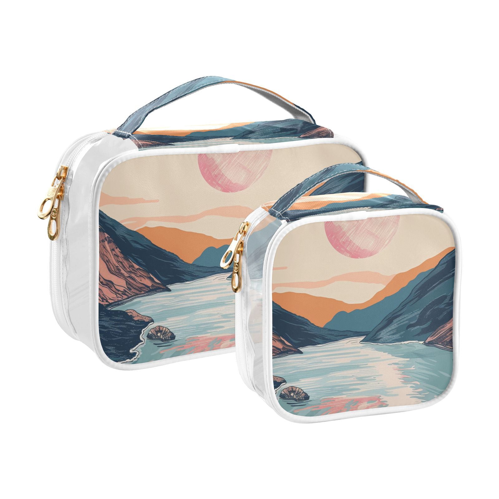 Clear Makeup Bags with Handle Large Opening 2 Pack Set Toiletry Bag Quart Size Bag, for Women Man Traveling Travel Essentials, Toiletries and Other. Hand Drawing River