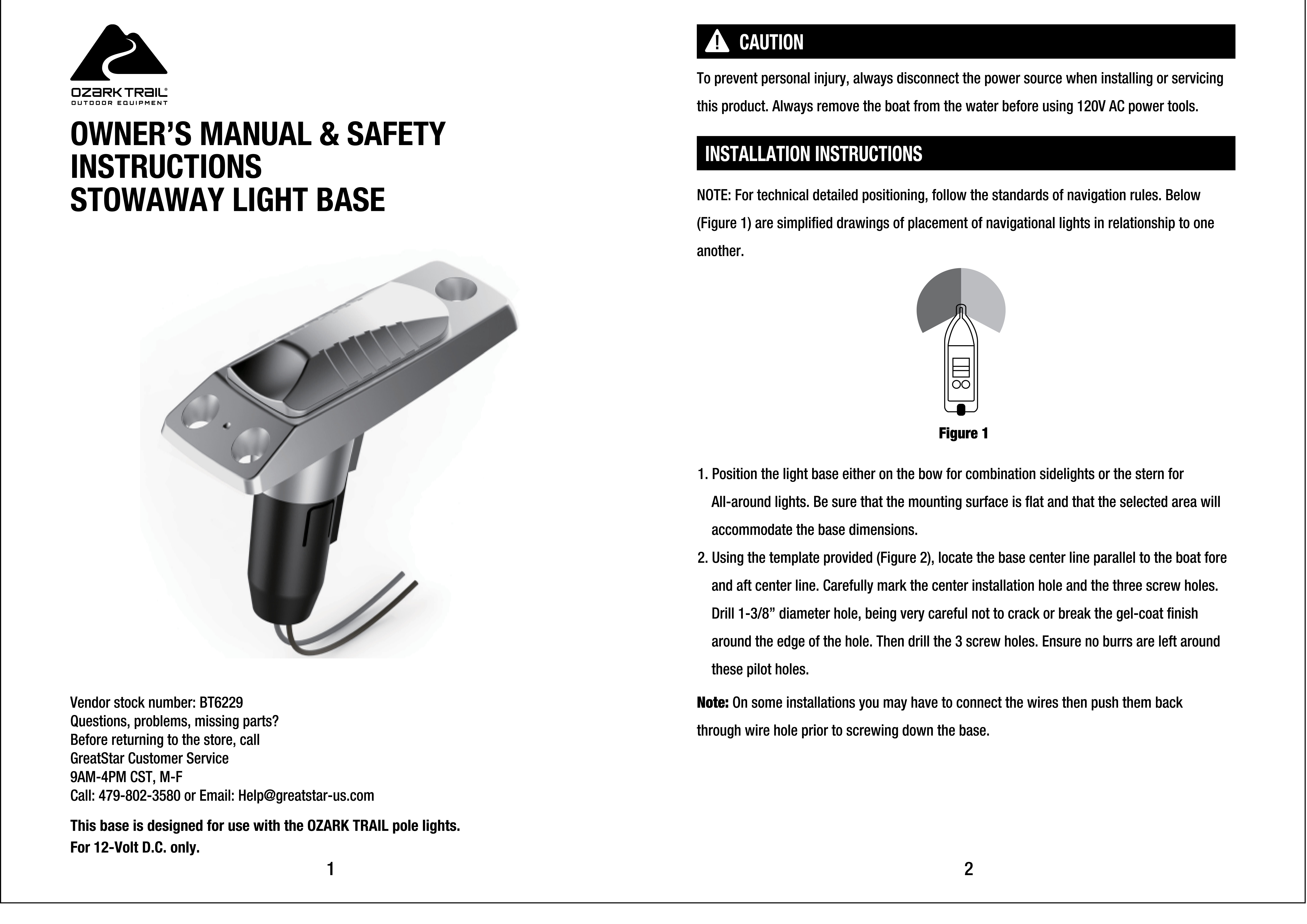Ozark Trail Marine Stow-Away Plug-in Boat Light Base, 2-Pin