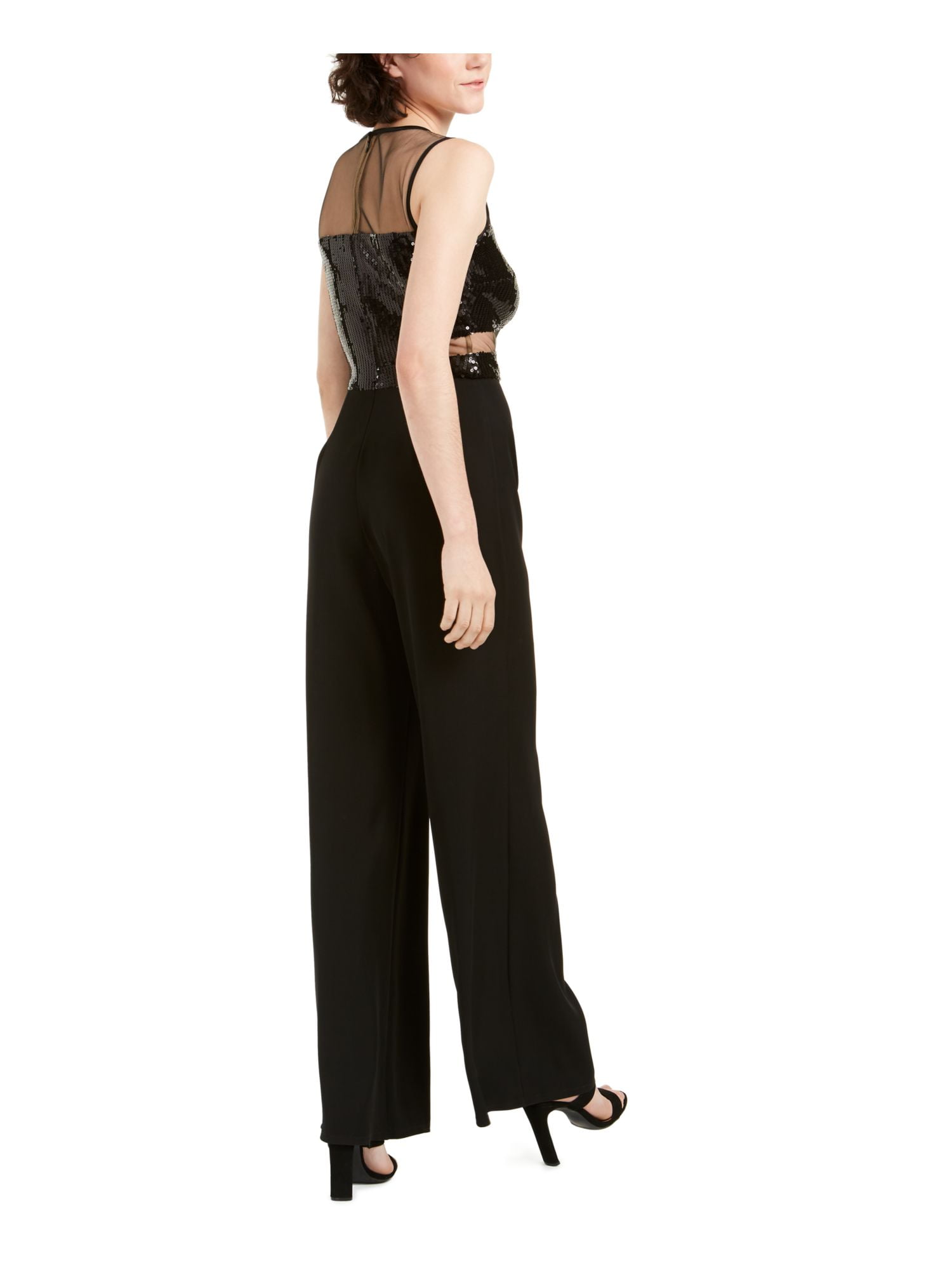 TADASHI SHOJI Womens Black Sequined Illusion Neckline Wide Leg Jumpsuit  Size: 2