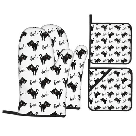 

Oven Mitts and Pot Holders Sets 4 pcs - Cute Cartoon Cat Black Heat Resistant Silicone Oven Gloves with Non-Slip Silicone Surface and hot pads for kitchen Baking Cooking BBQ