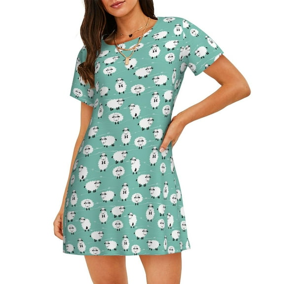 Fuzoiu Cute Sheeps Print Women Nightgowns, Soft Comfy Lightweight Short Sleeves Sleepwear,Crew Neck Loungewear
