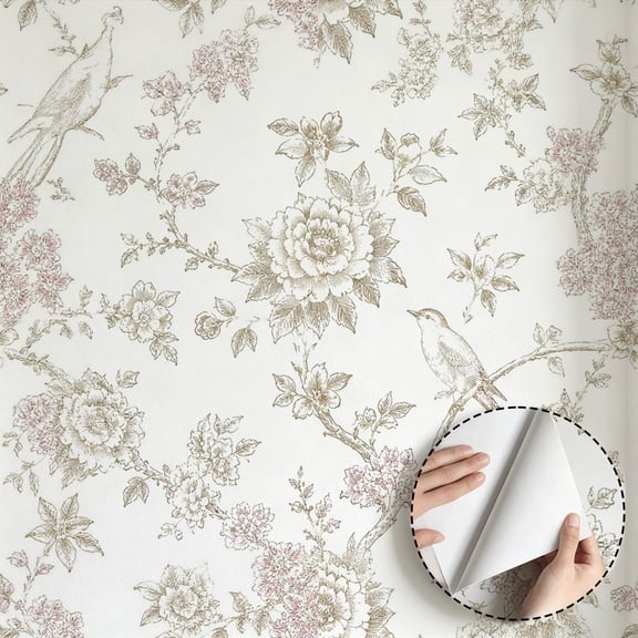 Vintage Bird Floral Wallpaper Rustic Farmhouse Minimalist Aesthetic Peel and Stick Waterproof Wallpaper Home Decoration for Bedroom Living Room Bathroom Kitchen Cabinet Drawer 17.7 * 118 in