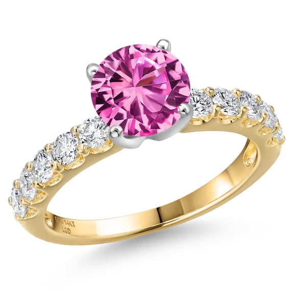 Gem Stone King 14K Two Tone Gold Pink Created Sapphire and Lab Grown Diamond Engagement Ring for Women | 2.31 Cttw | Round 7MM | Gemstone September Birthstone | Size 9