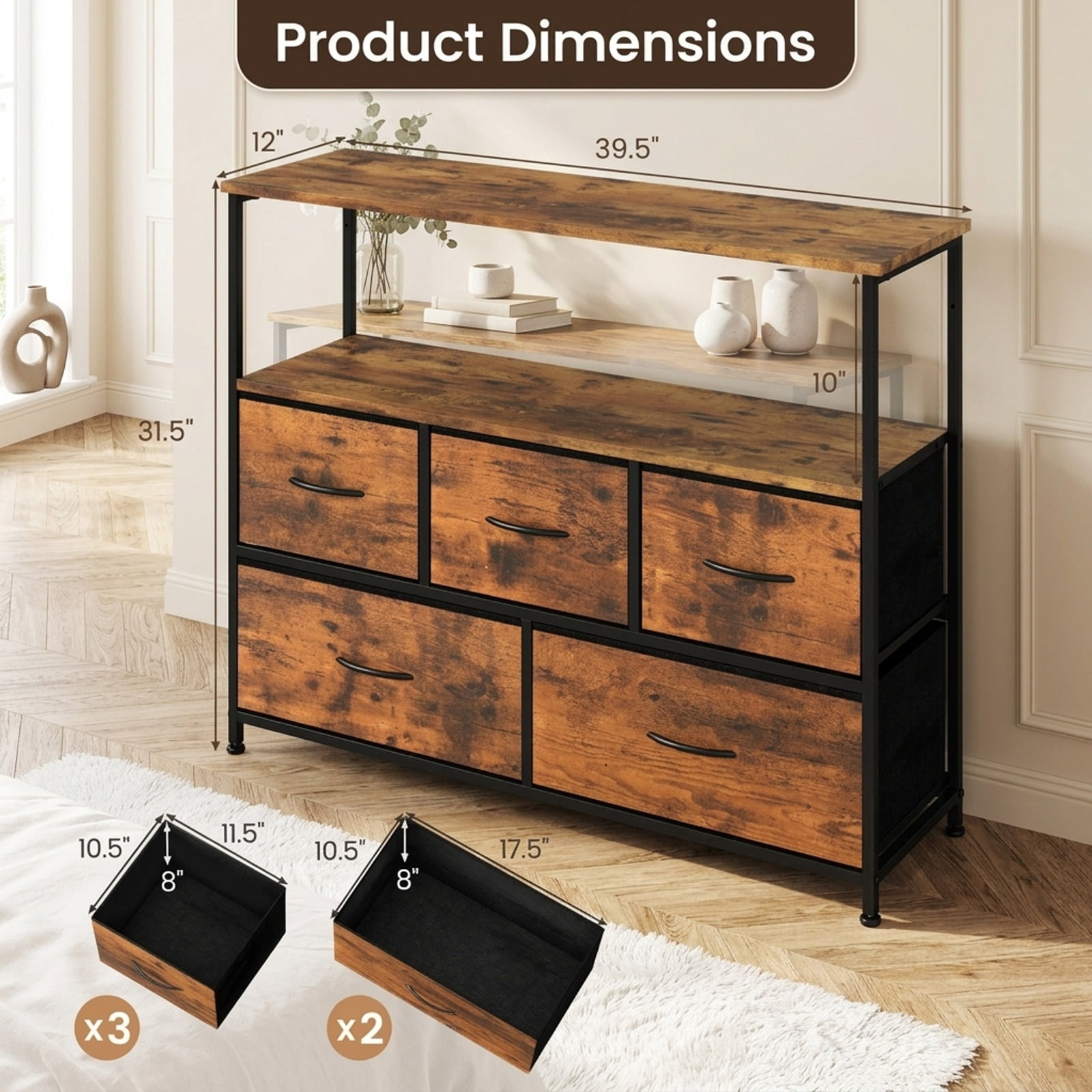 Furnibear TV Stand Dresser Entertainment Center for 45 Inch TV with 5 Fabric Drawers and Open Storage Shelf for Living Room Bedroom, Brown