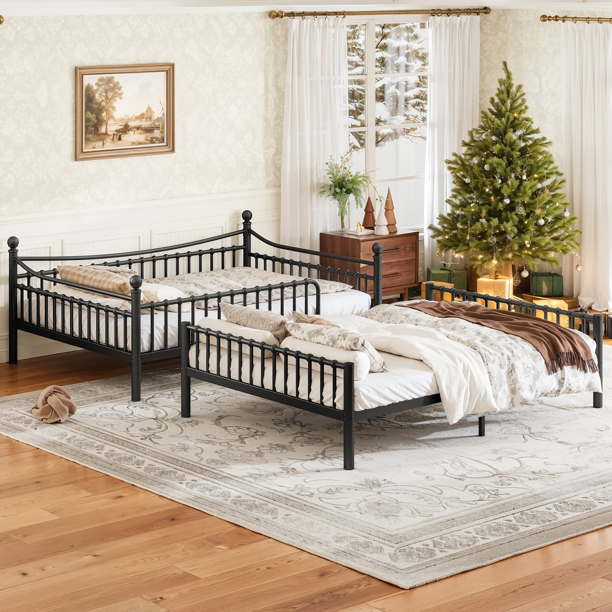 Leumius Full over Full Metal Bunk Bed with Unique Curved Guardrail Design, Round Tube Bunk Bed Frame, Metal Bunk Bed Frame for Kids Teens Adults Black