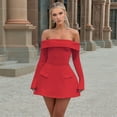 thumbnail image 4 of Women Mini Dress Off Shoulder Long Sleeve A Line Dress Short Formal Dresses Party Clubwear Red M, 4 of 7