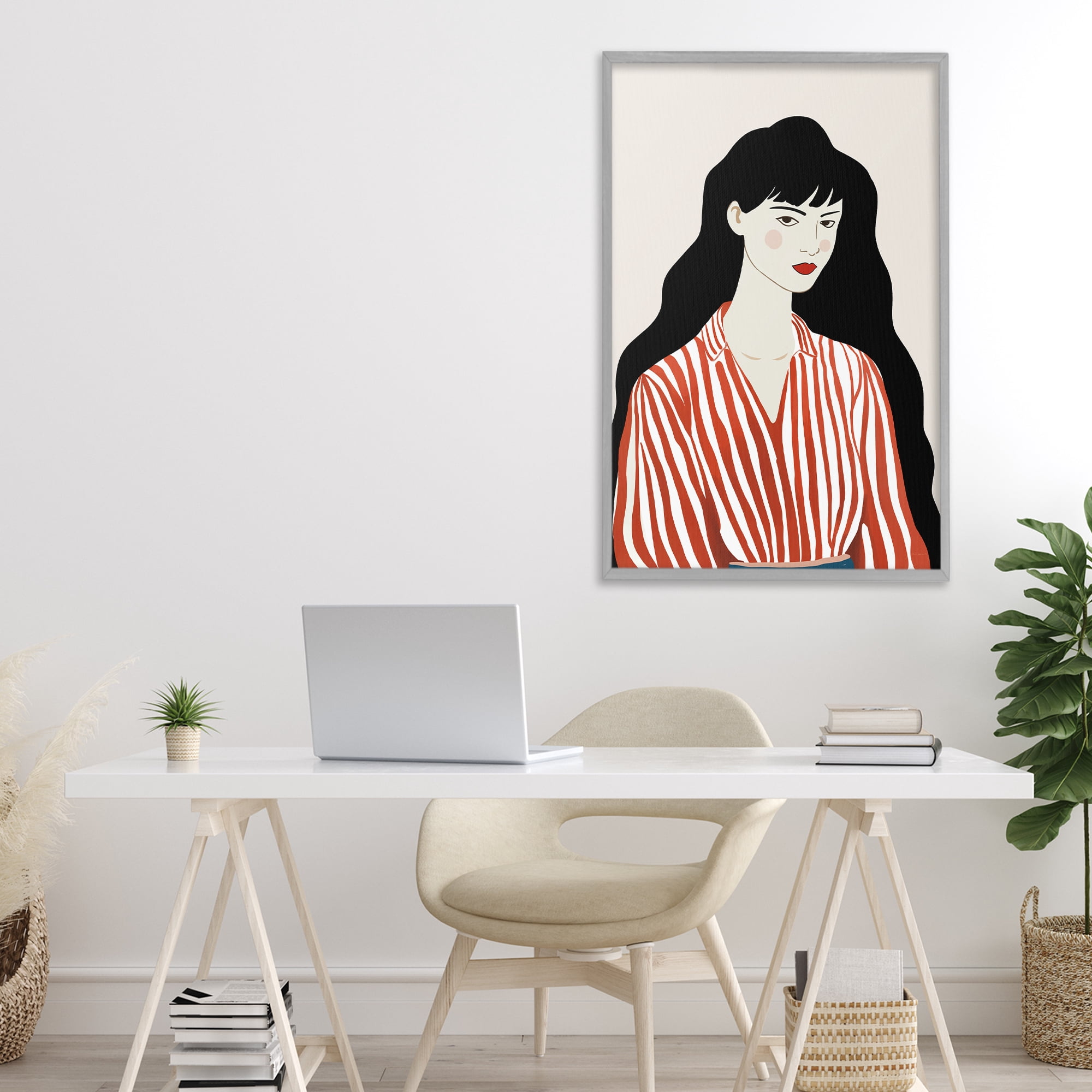 Stupell Industries Woman in Striped Blouse Gray Framed Giclee Art, design by Omar Escalante