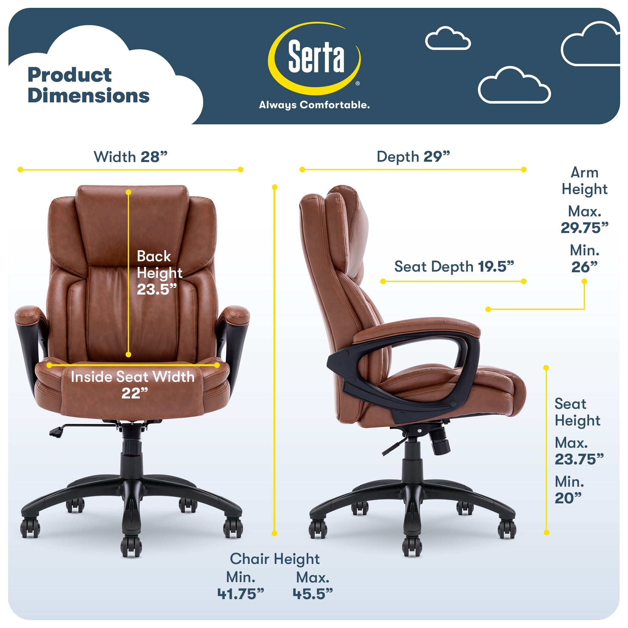 Serta Garret Executive Office Chair, Ergonomic Mid-Back with Lumbar Support, Bonded Leather, Cognac