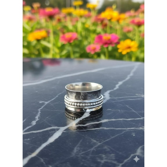 925 Sterling Silver Hammered Spinner Ring – Beaded Edge Fidget Ring | Wide Band Anxiety Relief Worry Ring for Men & Women