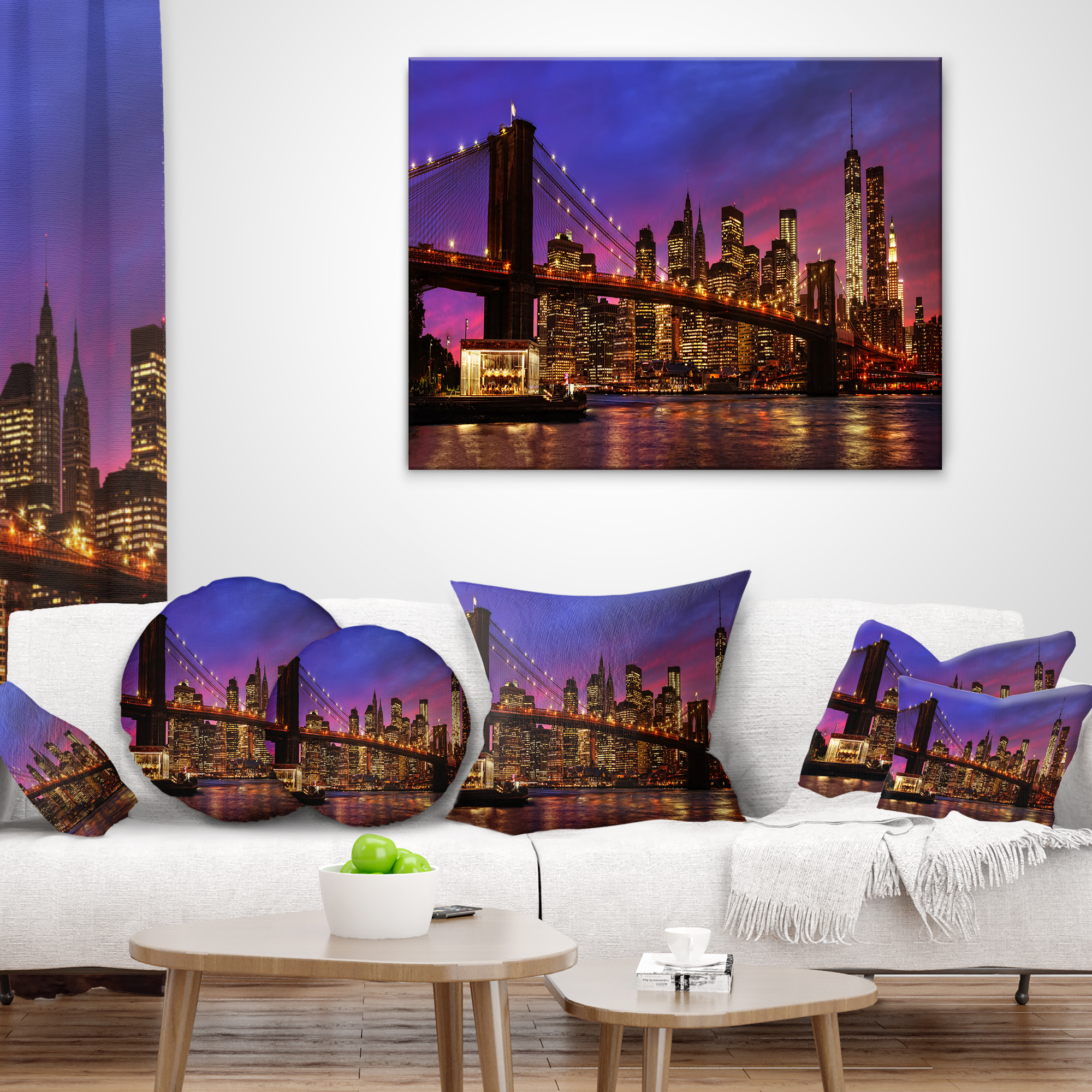 Designart Brooklyn Bridge and Manhattan at Sunset - Throw Pillow - 12x20