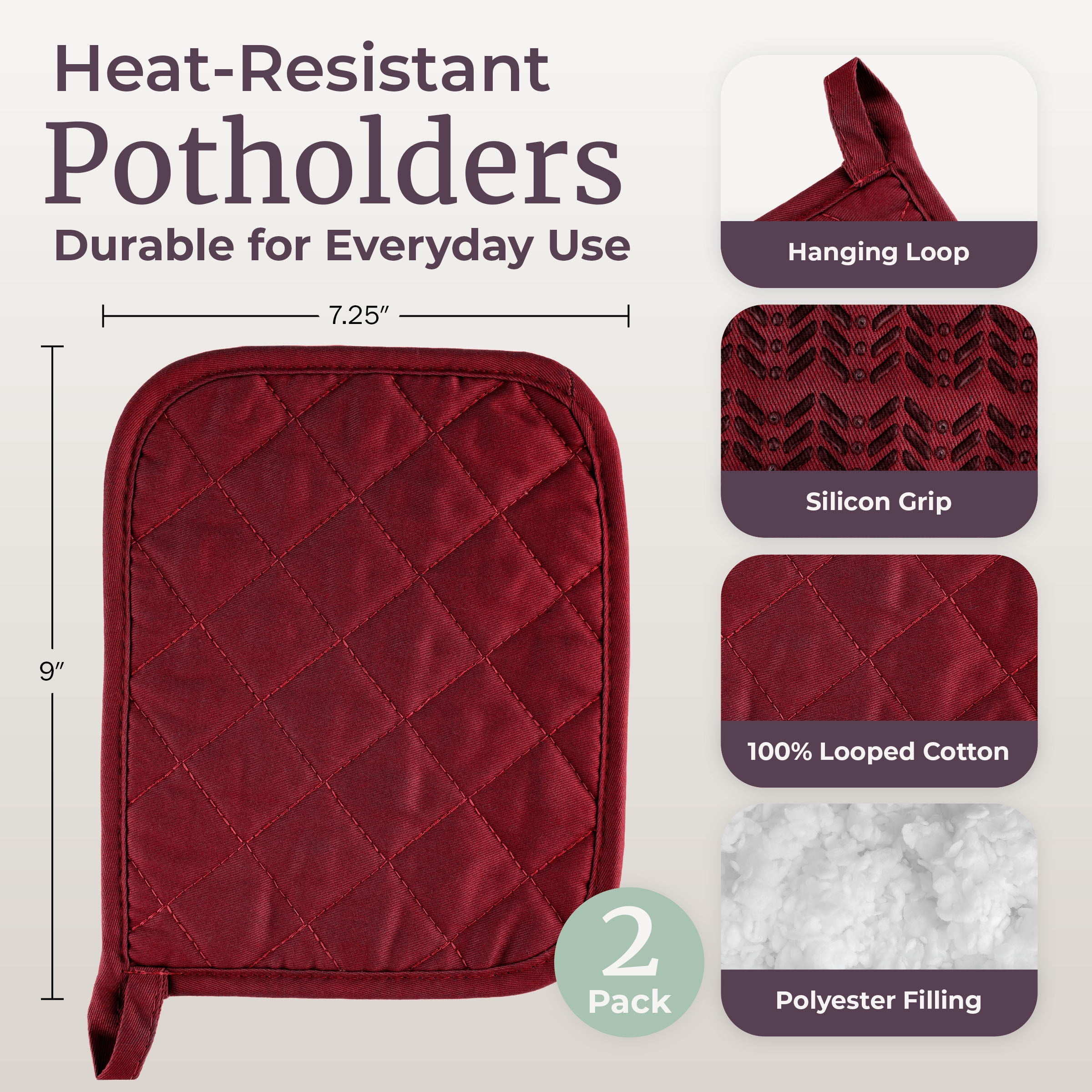 Somerset Home Pot Holder Set With Silicone Grip, Quilted And Heat Resistant Set of 2
