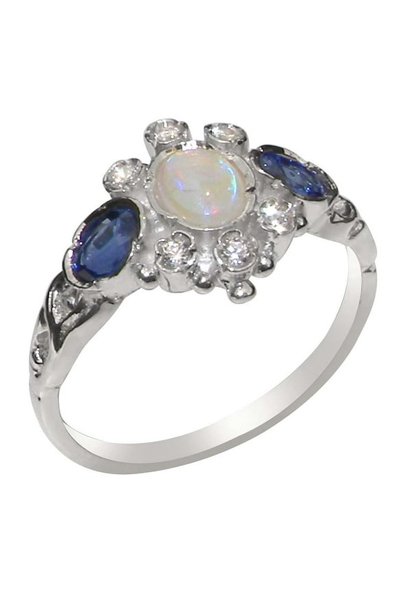 LBG English Made 9k White Gold Natural Opal Sapphire Cubic Zirconia Womens Anniversary Ring - Size 11.5