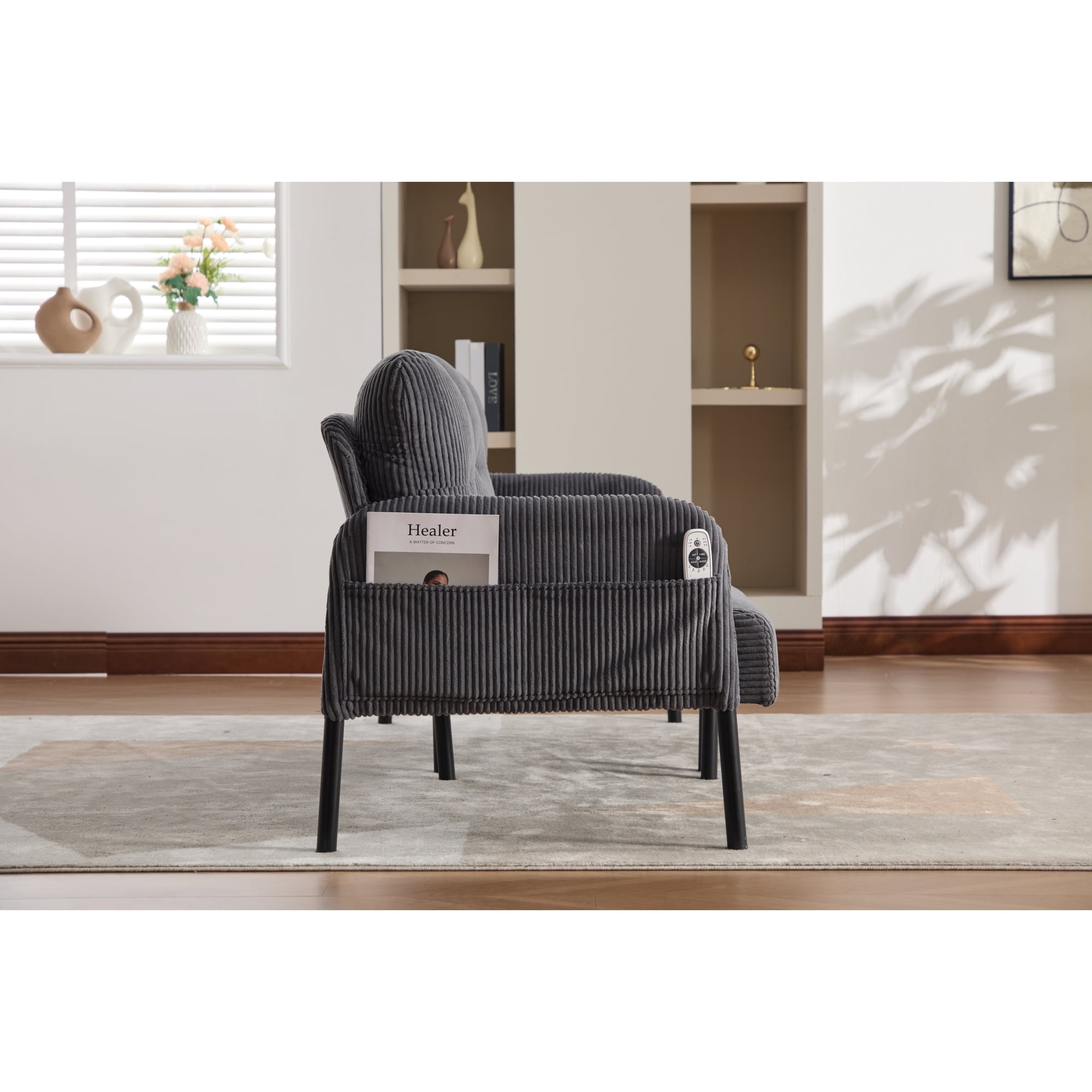Leumius Oversized Sofa Couch for Living Room,68" Corduroy Upholstered Couch with Metal Legs & Side Pockets for Bedroom, Office or Apartment,Carbon Gray