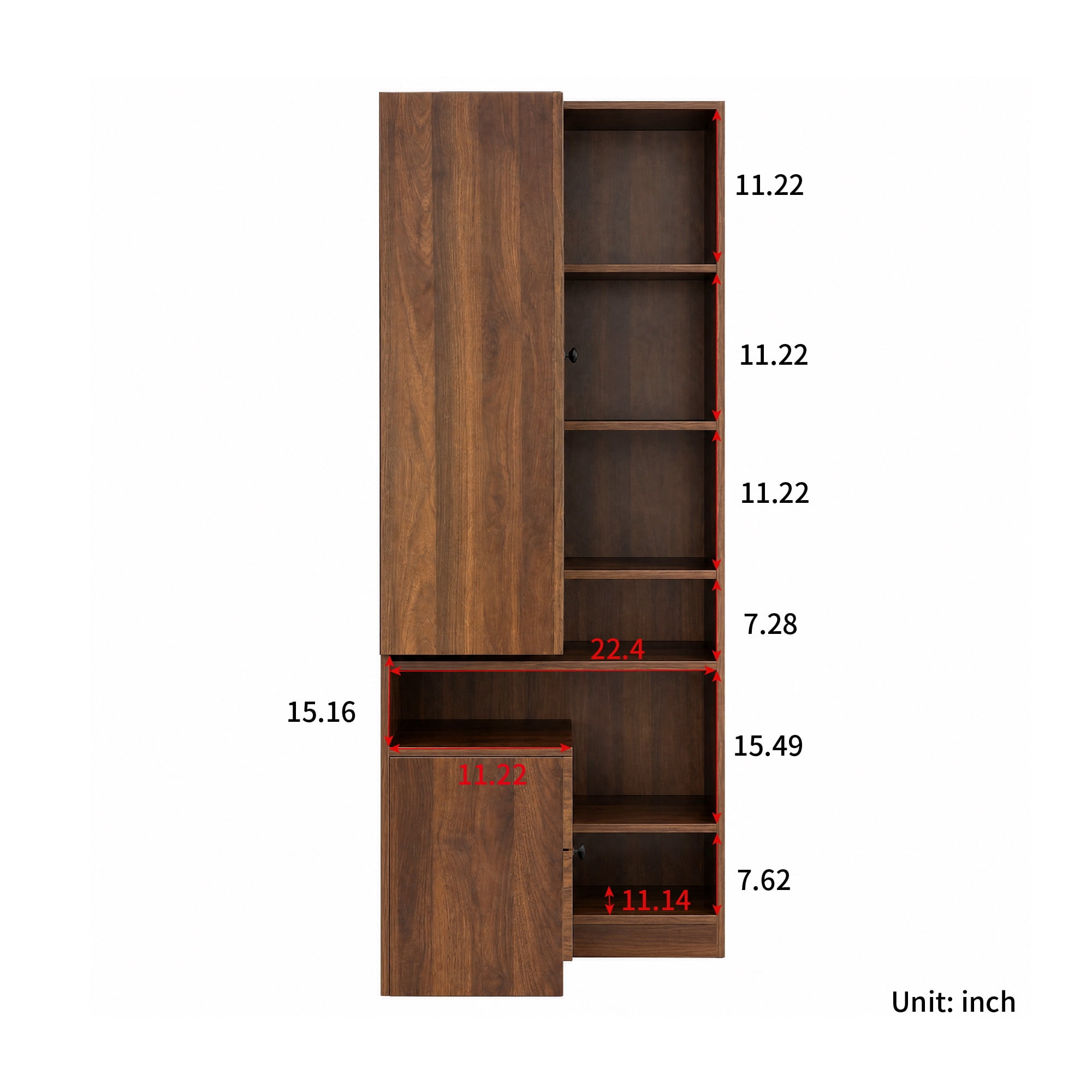 71" Tall Corner Bookshelf with Arched Glass Door, 6-Tier Bookcase with 2 Drawers