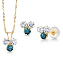 Gem Stone King 14K Yellow Gold White Moissanite and Blue Diamond 3 Stone Pendant and Earrings Jewelry Set for Women (0.90 Cttw, Round 3MM, with 18 inch Chain)