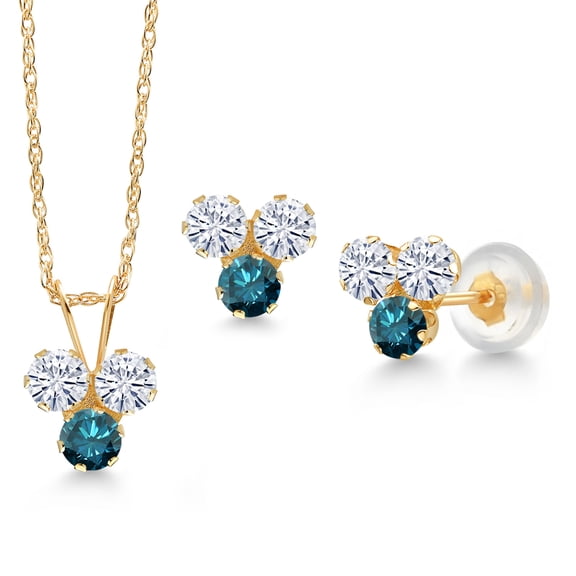 Gem Stone King 14K Yellow Gold White Moissanite and Blue Diamond 3 Stone Pendant and Earrings Jewelry Set for Women (0.90 Cttw, Round 3MM, with 18 inch Chain)