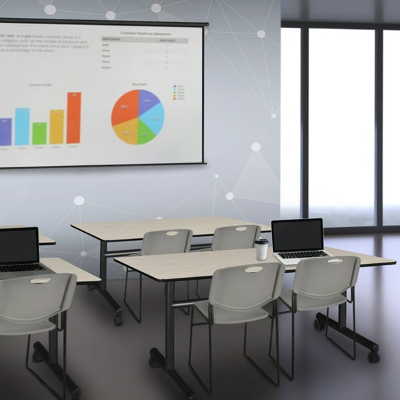 60" x 30" Flip Top Mobile Training Table- Maple and 2 Zeng Stack Chairs- Grey