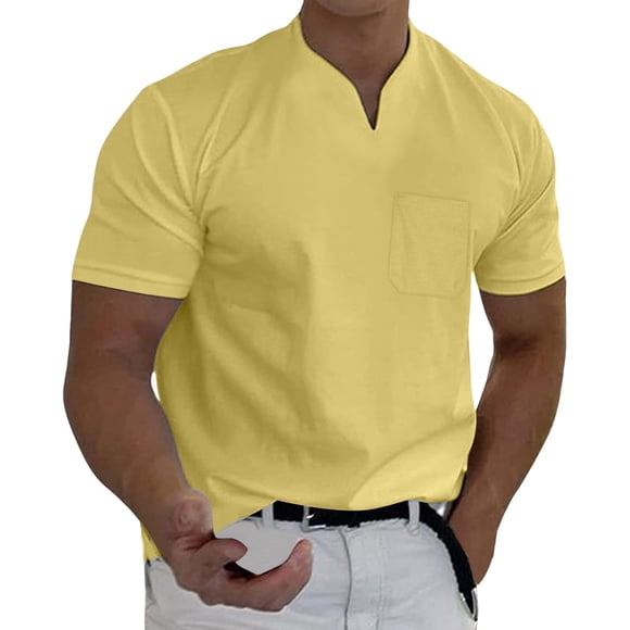 Prolriy Camisetas para hombre Primavera Verano Casual Cuello en V Sólido Manga Corta Camiseta Blusa Superior Camisas para hombre Amarillo M