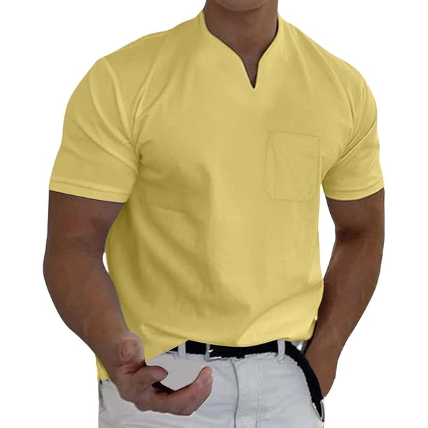 Prolriy Camisetas para hombre Primavera Verano Casual Cuello en V Sólido Manga Corta Camiseta Blusa Superior Camisas para hombre Amarillo M
