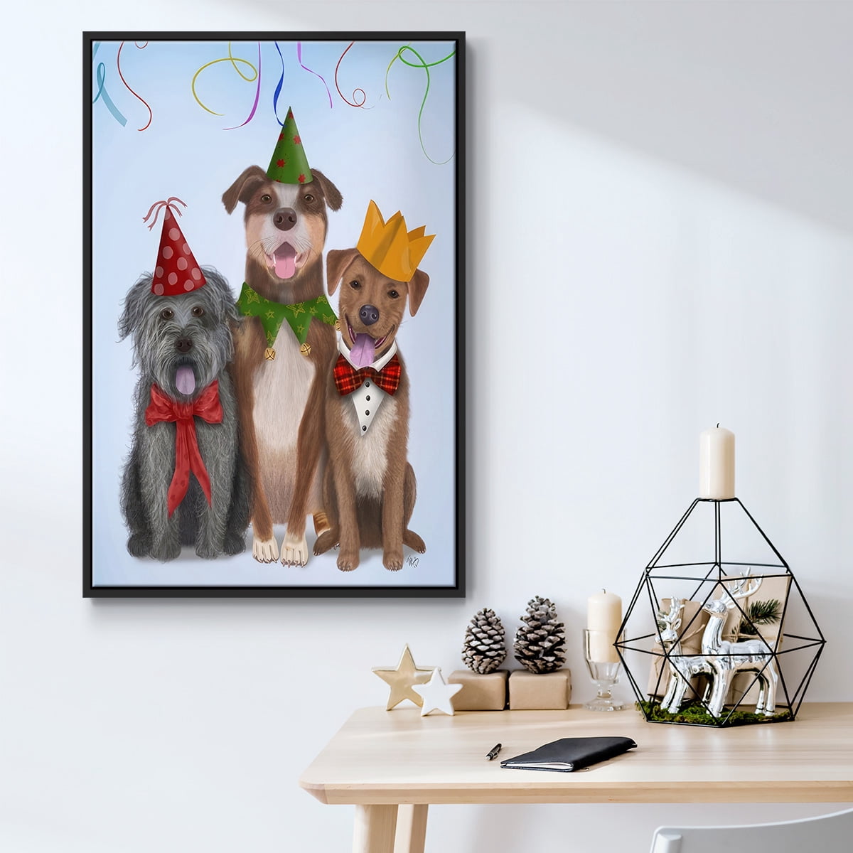 Christmas Party Mutts - Framed Gallery Wrapped Holiday Canvas - 25 x 37 - Black Frame