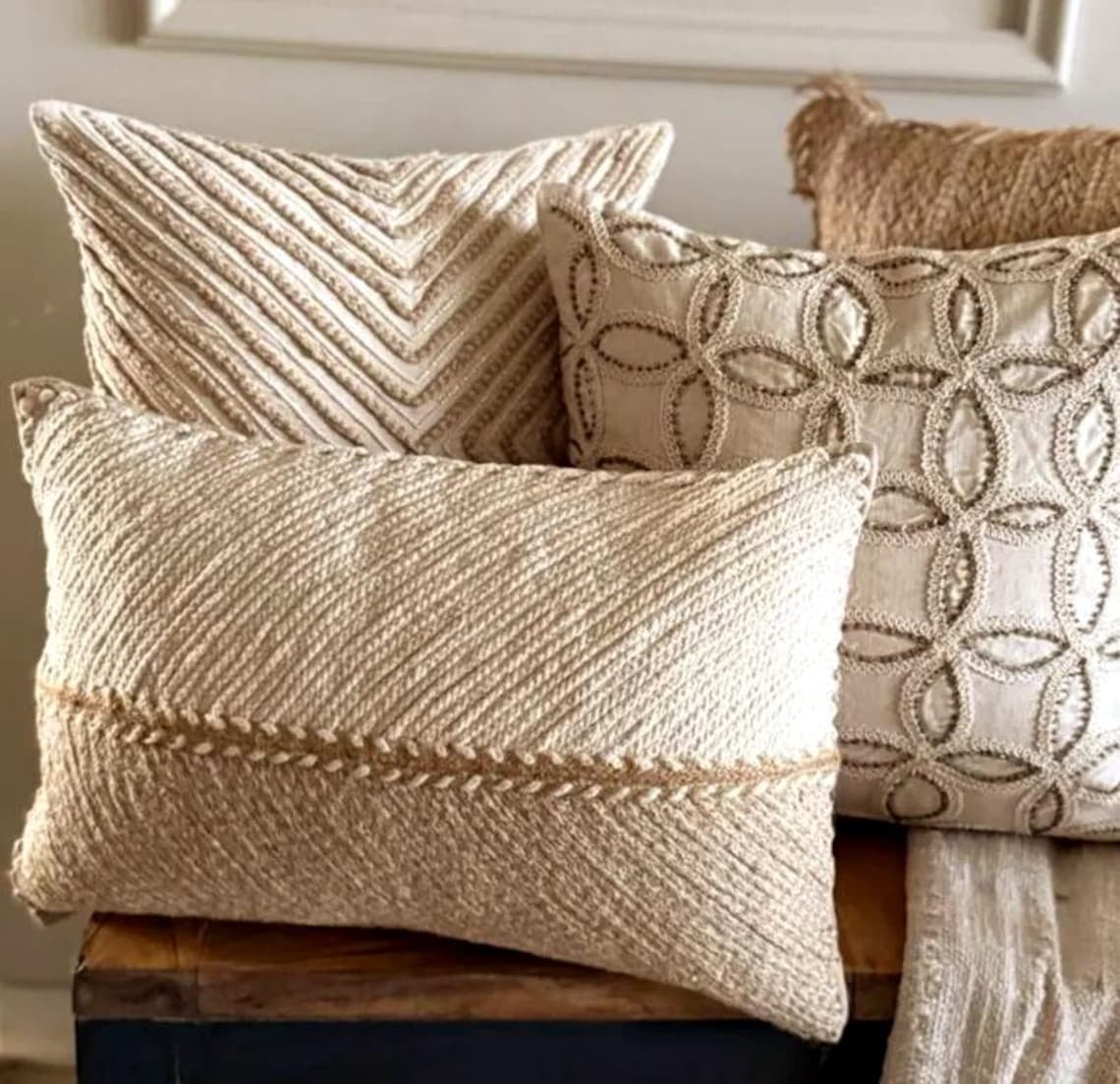 The HomeCentric Decorative Beige 14"x14" (35x35 cm) Throw Pillows, Linen Lace & Jute Throw Pillows For Couch, Geometric Pattern Modern Style - Jutee Love