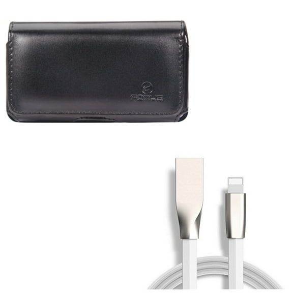 USB Cable w Case Belt Clip for iPhone 8/7/6S/6 - 6ft Flat Charger Cord Power Wire, Leather Swivel Holster Loops Cover for iPhone 8/7/6S/6 Models