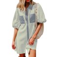 thumbnail image 2 of Camisas de Cuello en V de Manga Corta para Mujeres Vestido de Túnica de Rayas con Botón de Verano con Bolsillos, 95% Poliéster 5% Spandex para Diario Y Fiesta, 2 of 8