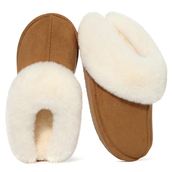 Comwarm Fuzzy House Slippers for Women Fluffy Memory Foam Suede Slippers with Faux Fur Collar Indoor Outdoor,Chestnut