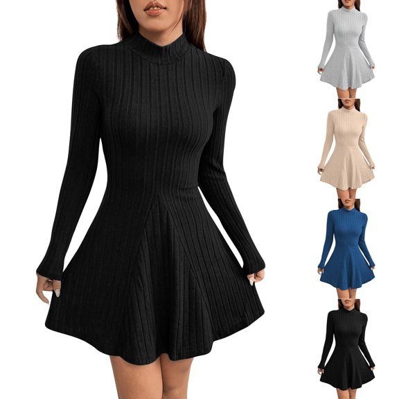 Long Sleeve Sweater Dresses for Women 2024 Fall Ribbed Knit Bodycon Crew Neck Slimming Wedding Guest Mini Dress