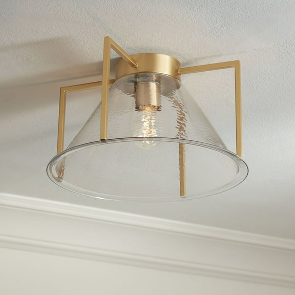 Possini Euro Design Ellsmere 15" Modern Flush-Mount Ceiling Light Fixture Kitchen Foyer Hallway Warm Brass Finish Hammered Glass