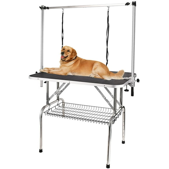 Dog Grooming Table, 35" Adjustable Foldable Pet Grooming Table Stand with H-Shape Arm Noose & Mesh Storage Tray