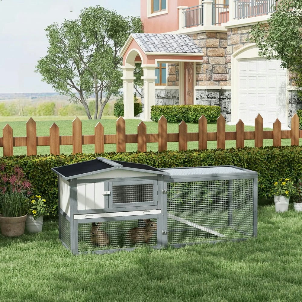 Canddidliike Large Rabbit Cage for Outdoor 61 inchL Guinea Pig Hutch w/ Run Feeding Trough Removable Tray Ramp Asphalt Roof, White