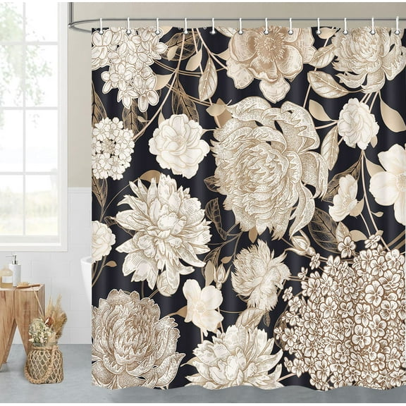 Drgilau Black and Gold Floral Polyester Shower Curtain, 70" x 70" Waterproof