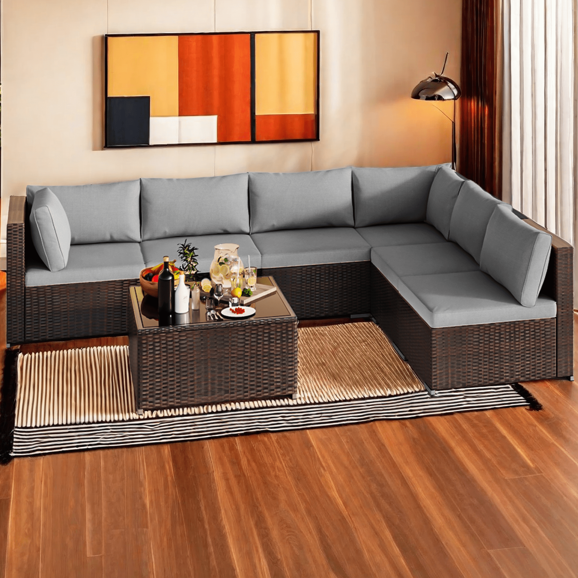 Patio Furniture Set Clearance Lofka Outdoor Sectional Furniture Sofa Set with Tempered Glass Table for Backyard, Garden & Poolside, Gray Cushions