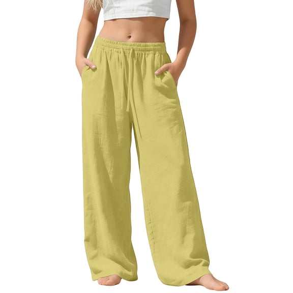 StSilkitty Wide Leg Pants for Girls Cotton Solid Color Mid Waist Elastic Drawstring Baggy Trousers with Pockets