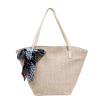 Bolso de mano de paja con lazo de playa Bolso tote de hombro tejido con pañuelo de seda (Beige) Tmvgtek Oficina Multiescena Multifunción