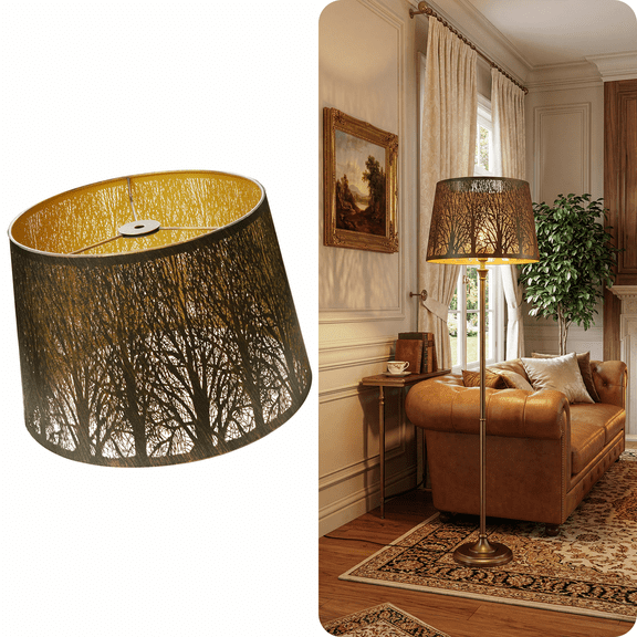 Etched Forest Metal Lampshade, SWAIFDEE Drum Metal Lamp Shade for Table Lamp,10" Top x 12" Bottom x 8" High Replacement Vintage Lamp Shade, Pattern of Trees Spider Lamp Cover (Antique Bronze Gold)