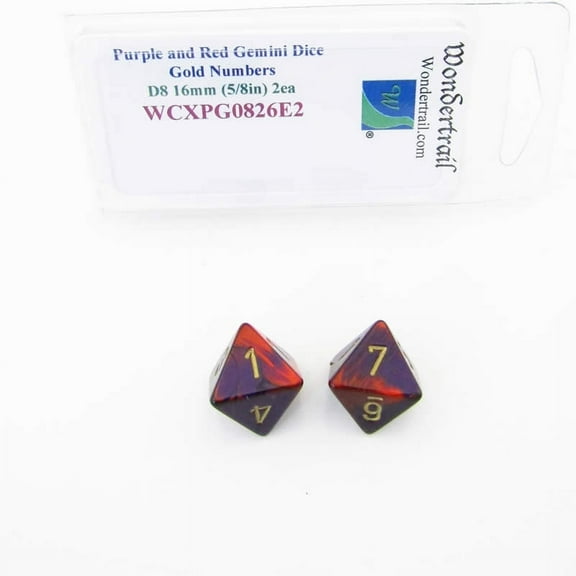 Purple and Red Gemini Dice with Gold Numbers D8 Aprox 16mm (5/8in) Pack of 2 Wondertrail