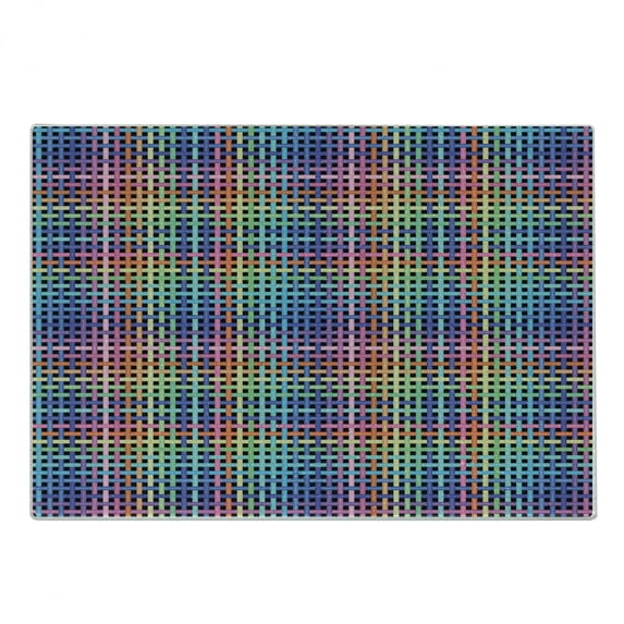 Colorful Cutting Board, Illustration of Crossed Stripes Knitted Pattern Abstract Composition of Squares, Decorative Tempered Glass Cutting and Serving Board, Small Size, Multicolor, by Ambesonne