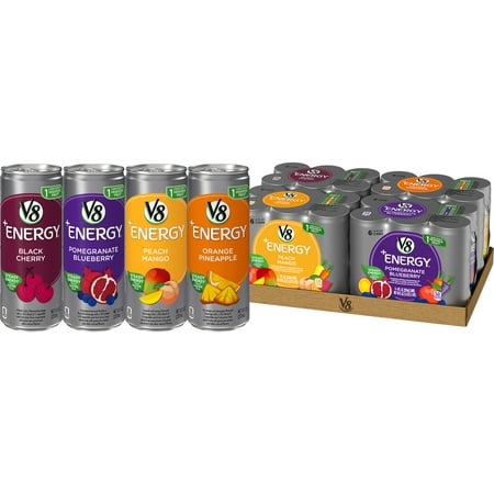 (BBD:8/14/2024) V8 +Energy Variety Pack  Pomegranate Blueberry  Orange Pineapple  Peach Mango  Black Cherry  8 Ounce Can (24 Count)